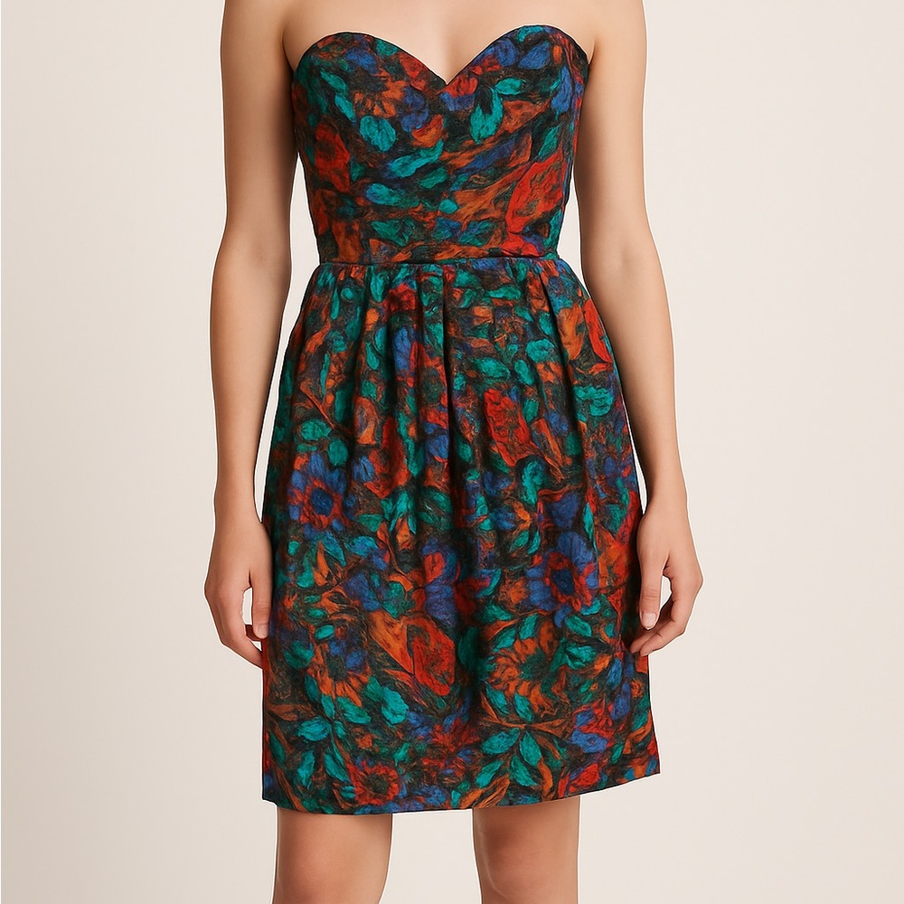 Vintage Silk Studio Strapless Dress Bold Floral Print Women’s XS/S